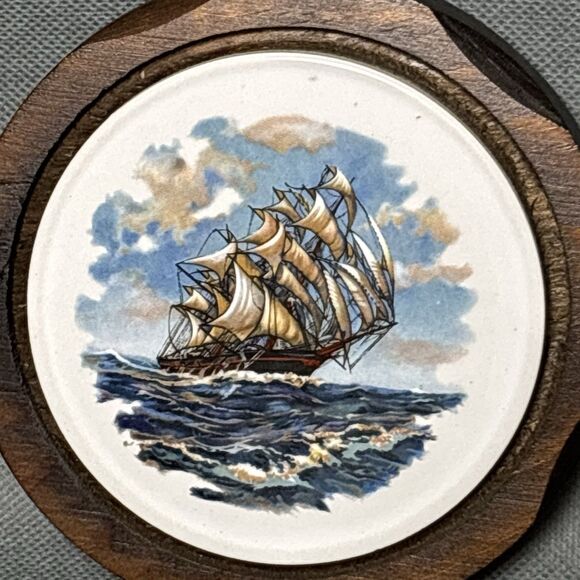 Vintage Jerry Abrams Clipper Ship Wall Plaque Nautical Decor Ceramic Tile & Wood - Picture 2 of 7